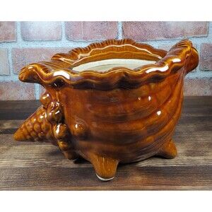 Vintage Brown Glazed Ceramic Conch Shell Planter, Seashell Nautical Decor